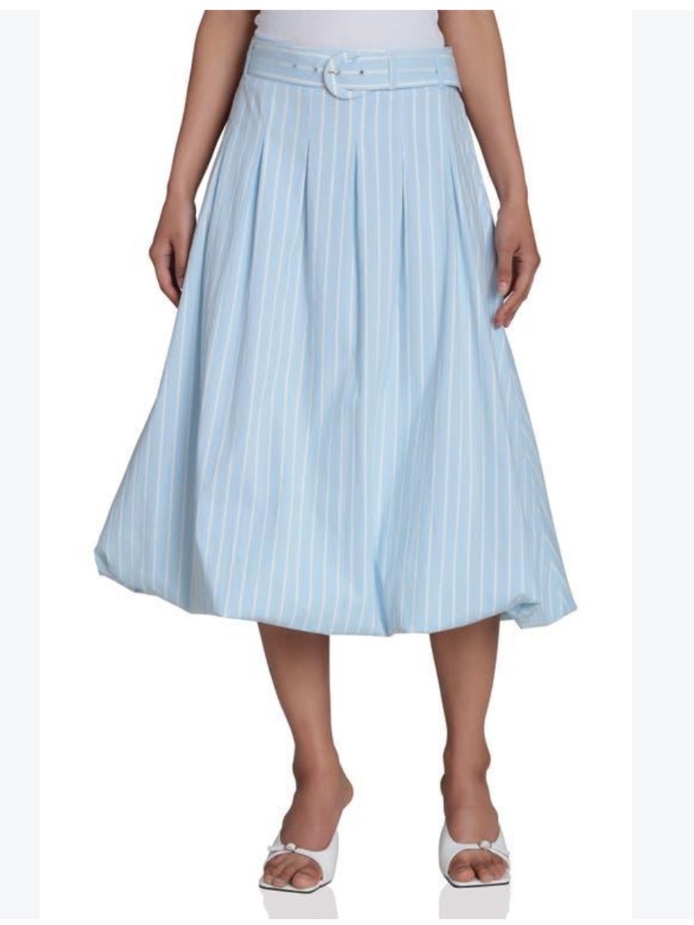 bagatelle Light Blue Striped Midi Skirt with Waist Belt